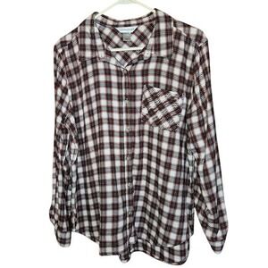 Christopher & Banks Red White Plaid Roll Tab Button Down Shirt Women Medium